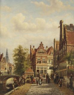 Johannes Franciscus Spohler - Daily activities along a canal with the Oude Kerk beyond, Amsterdam