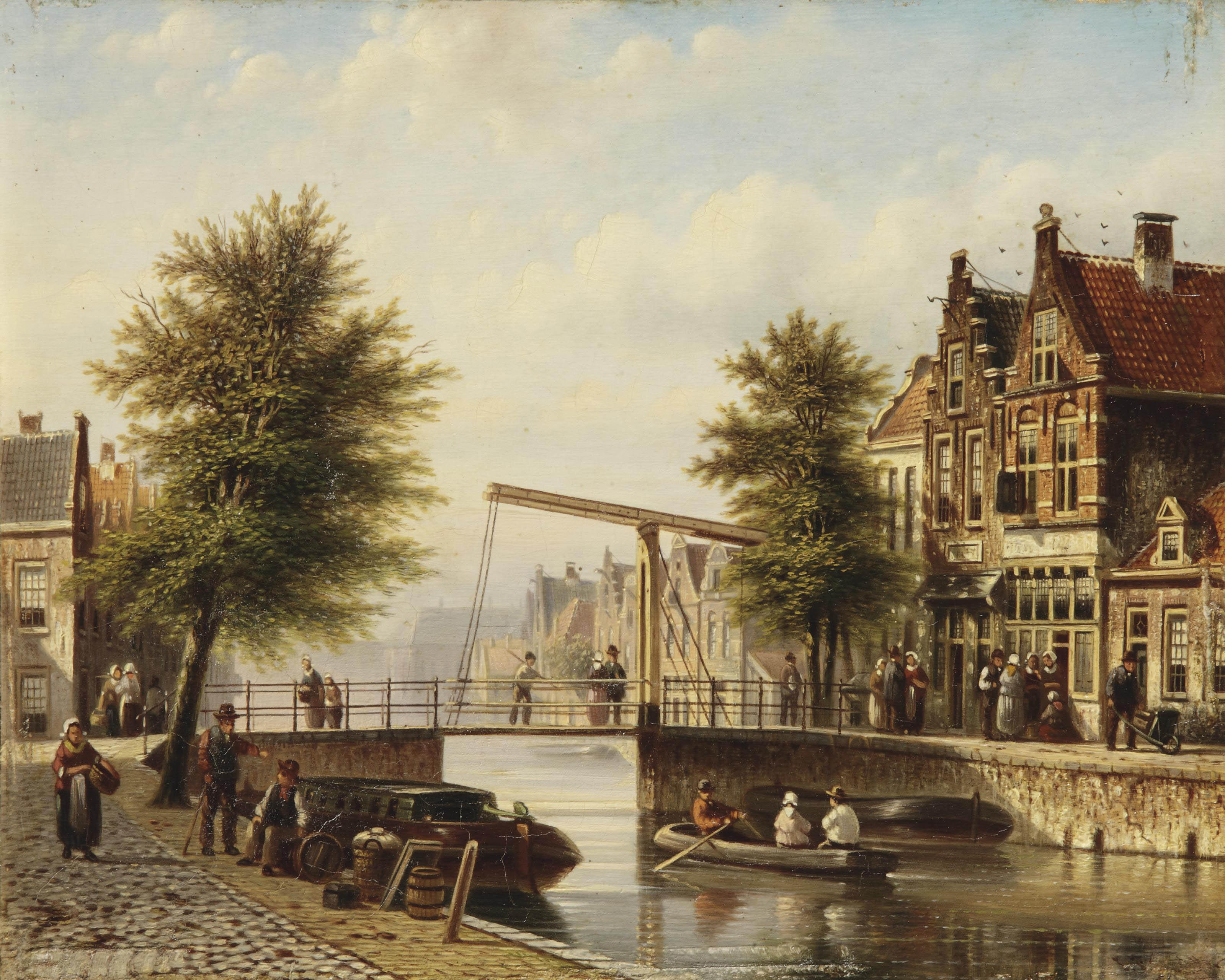 Johannes Franciscus Spohler - Daily activities along a Dutch canal in summer