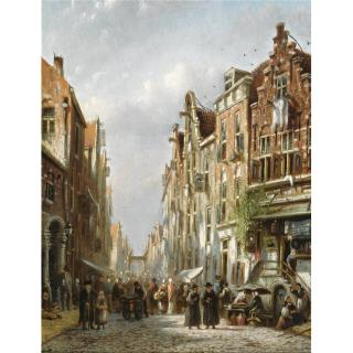 Johannes Franciscus Spohler - Dutch A Crowded Street In A Jewish Quarter