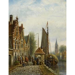 Johannes Franciscus Spohler - Dutch Daily Activities In A Sunlit  Dutch Town