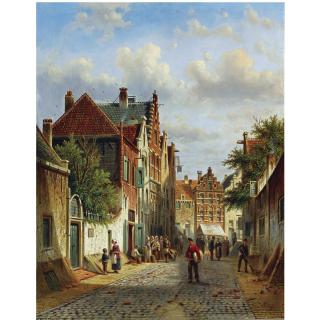 Johannes Franciscus Spohler - Dutch Figures In The Sunlit Streets Of A Dutch Town