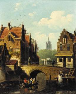Johannes Franciscus Spohler - Figures rowing on a Dutch canal