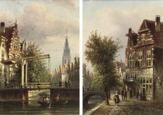 Johannes Franciscus Spohler - Rowing at a bridge on a Dutch canal; and Figures before a bridge on a Dutch canal