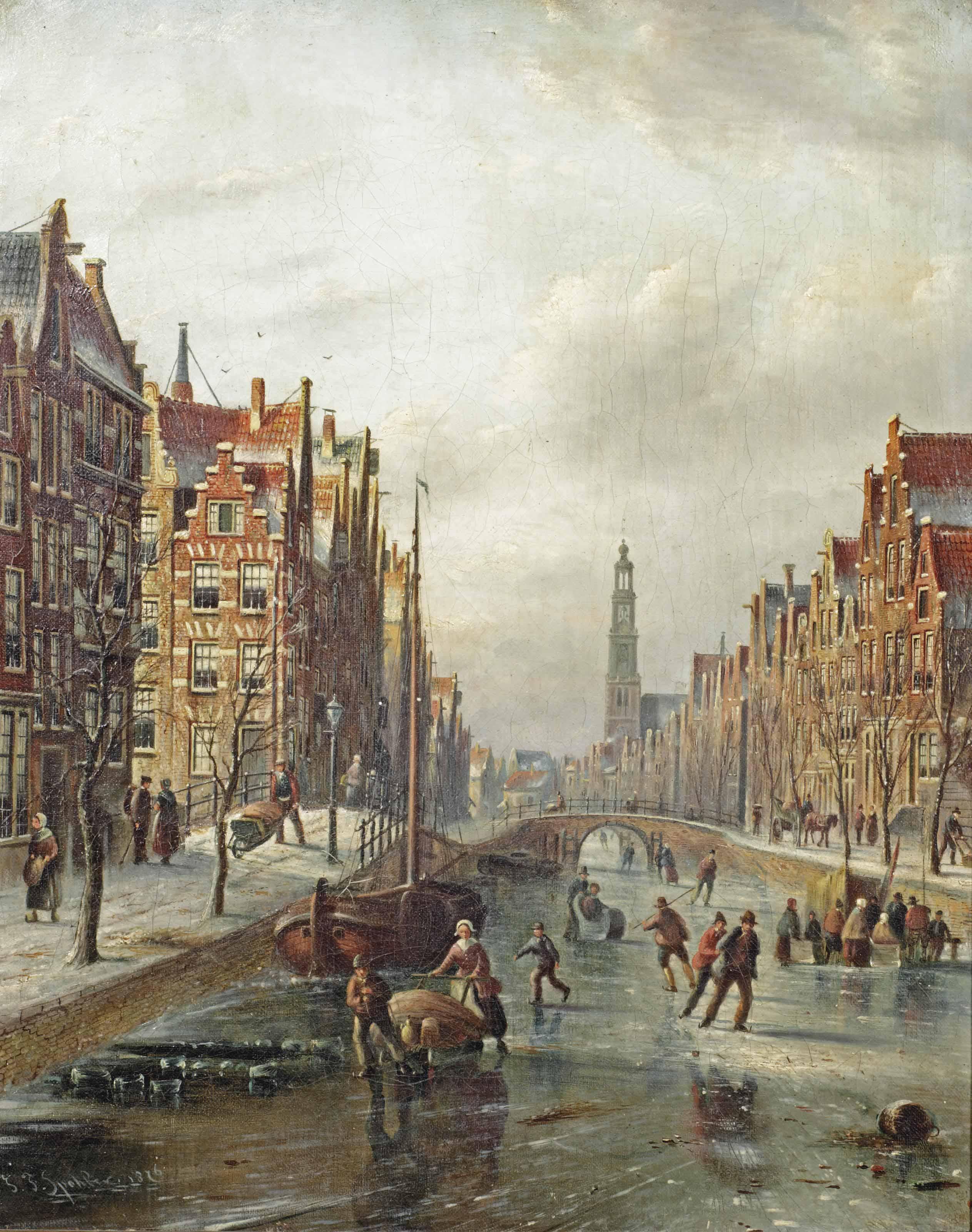Johannes Franciscus Spohler - Skaters on the Prinsengracht with the Westerkerk in the distance, Amsterdam