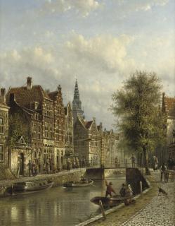 Johannes Franciscus Spohler - Townsfolk on a quay in Amsterdam with the oude kerk beyond