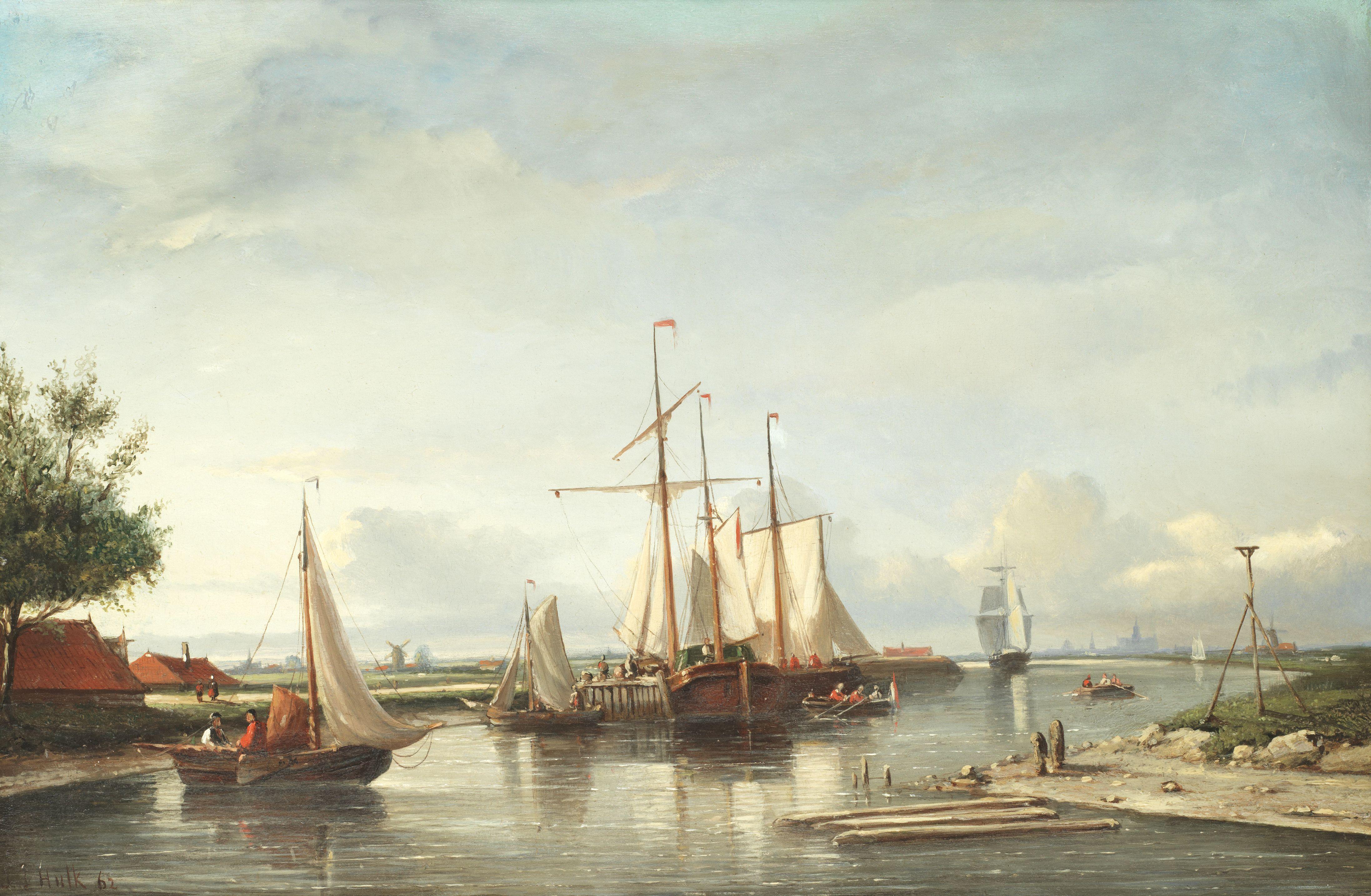 Johannes Frederick Hulk - Dutch Boats With Haarlem Beyond