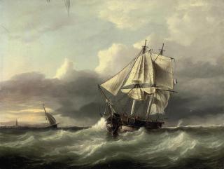 Johannes Frederick Schütz - A French coastal trader anchored in a heavy swell off the low countries