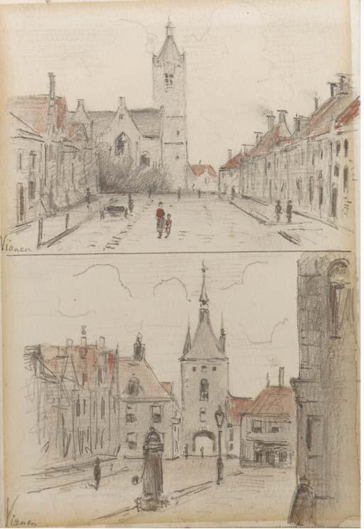 Johannes Frederik Hulk Jun. - A sketchbook containing circa ten sheets with topographical drawings of amongst others Utrecht, Vreeswijk, Schoonhoven, Lekkerkerk, Volkerak, Hansweert, Antwerpen, Vianen