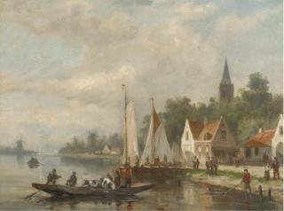 Johannes Frederik Hulk Sen. - A cattle ferry on a river by a village