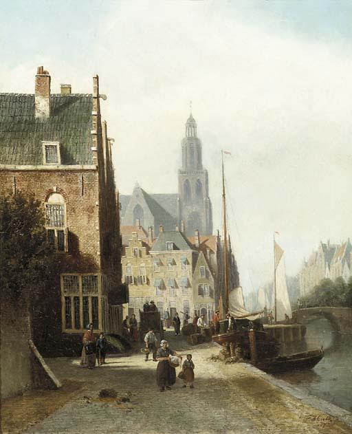 Johannes Frederik Hulk Sen. - Daily activities on a quay, a church beyond