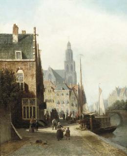 Johannes Frederik Hulk Sen. - Daily activities on a quay, a church beyond