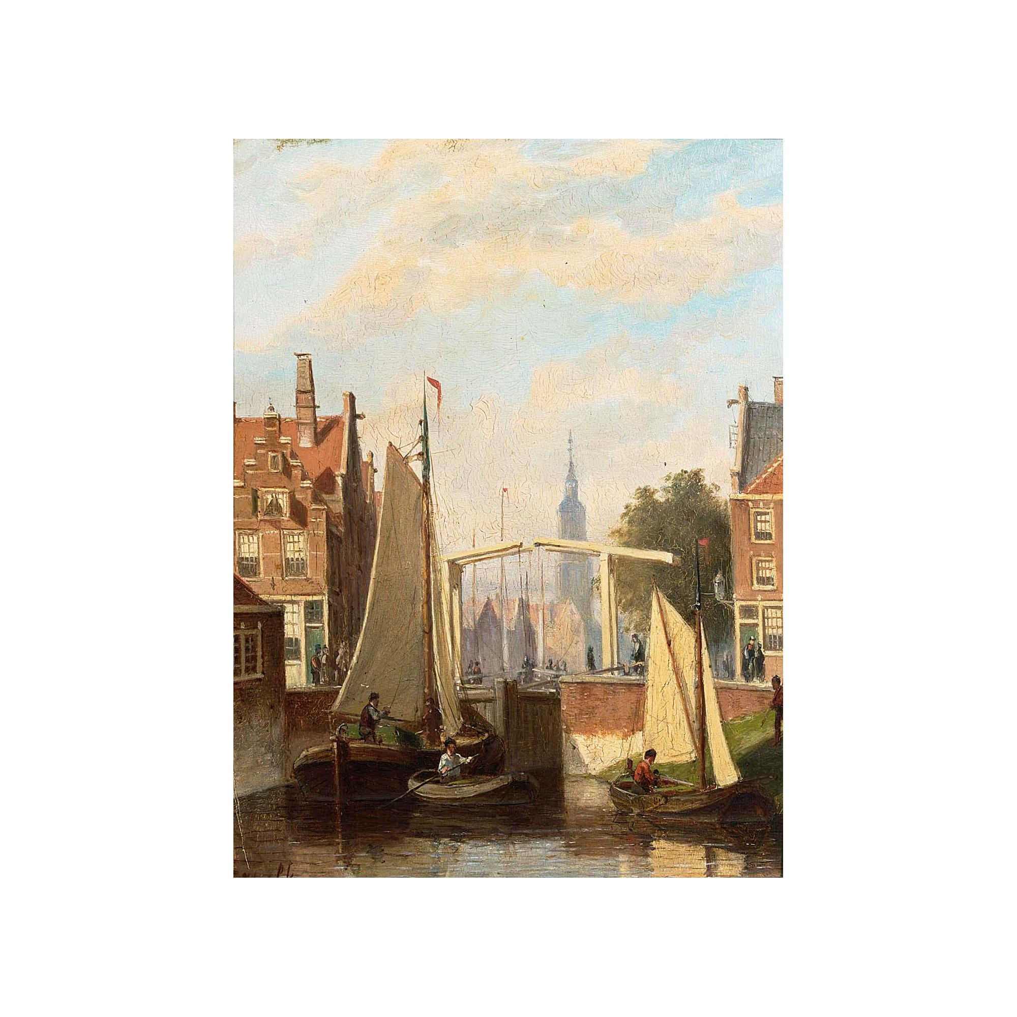 Johannes Frederik Hulk Snr - Boats On A Canal In A Dutch Town