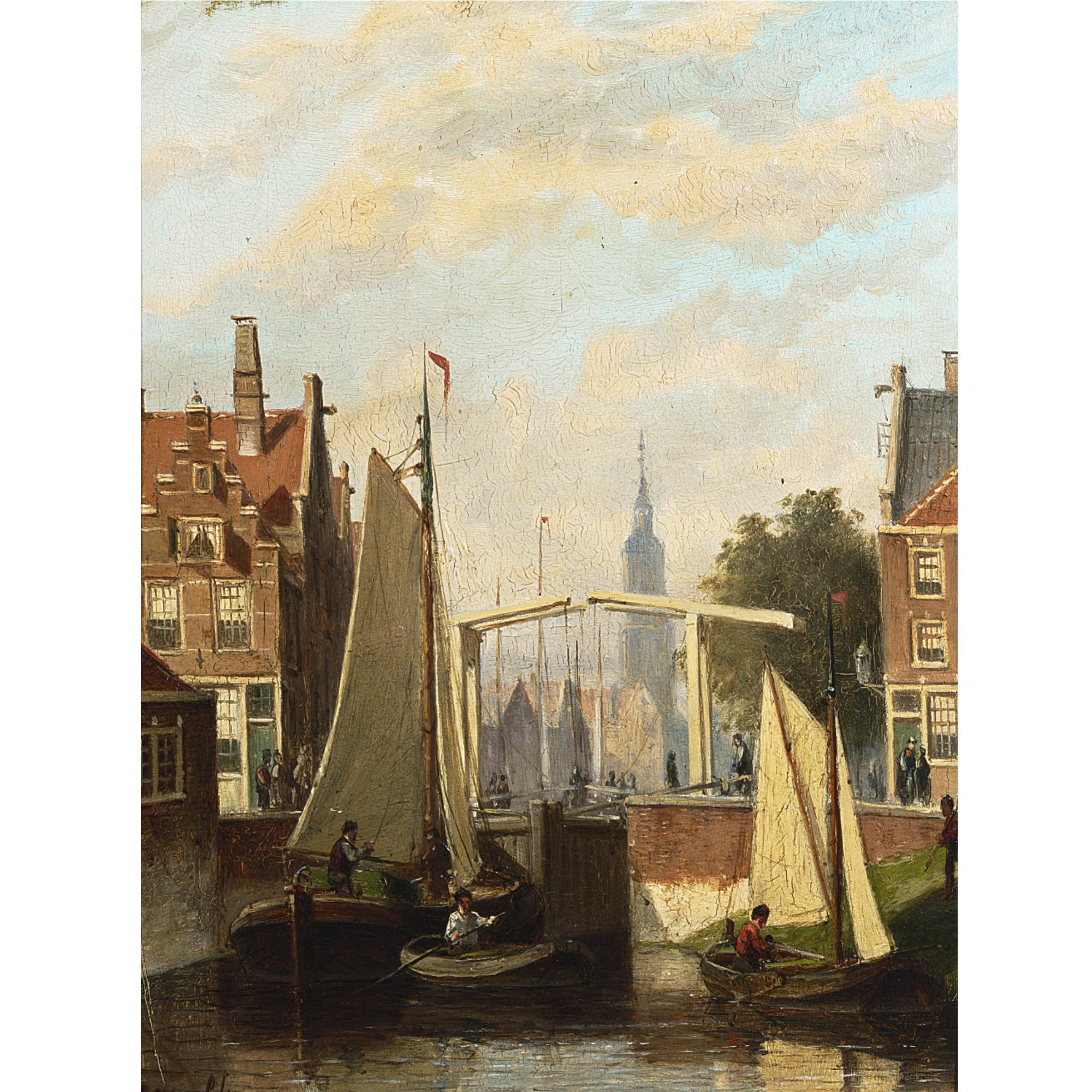 Johannes Frederik Hulk Snr - Boats On A Canal In A Dutch Town