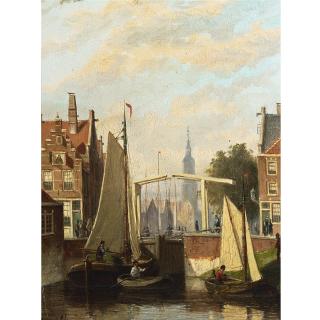 Johannes Frederik Hulk Snr - Boats On A Canal In A Dutch Town