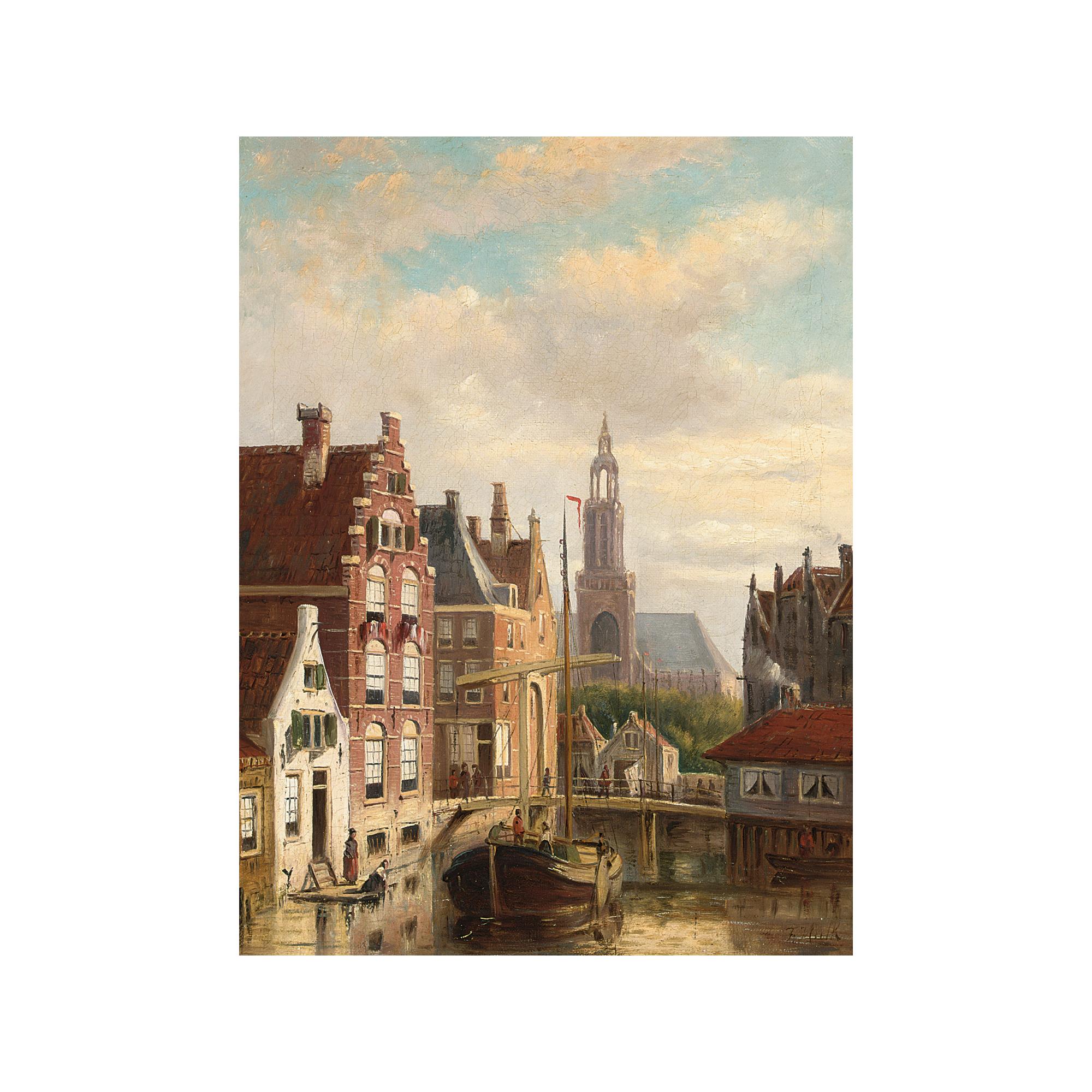 Johannes Frederik Hulk - A Townview With A Barge On The Canal