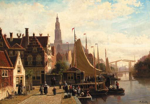 Johannes Frederik Hulk - A view of a town in summer with townsfolk on a quay by the Sneek-Lemmer ferry post