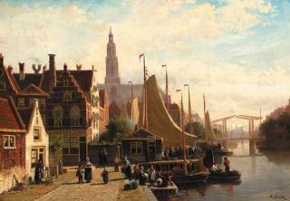 Johannes Frederik Hulk - A view of a town in summer with townsfolk on a quay by the Sneek-Lemmer ferry post