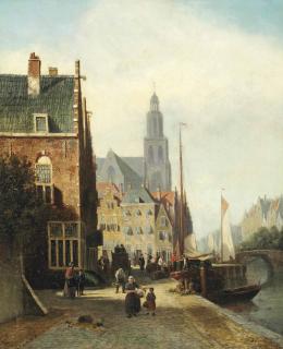 Johannes Frederik Hulk - Daily Activities On A Quay In A Dutch Town