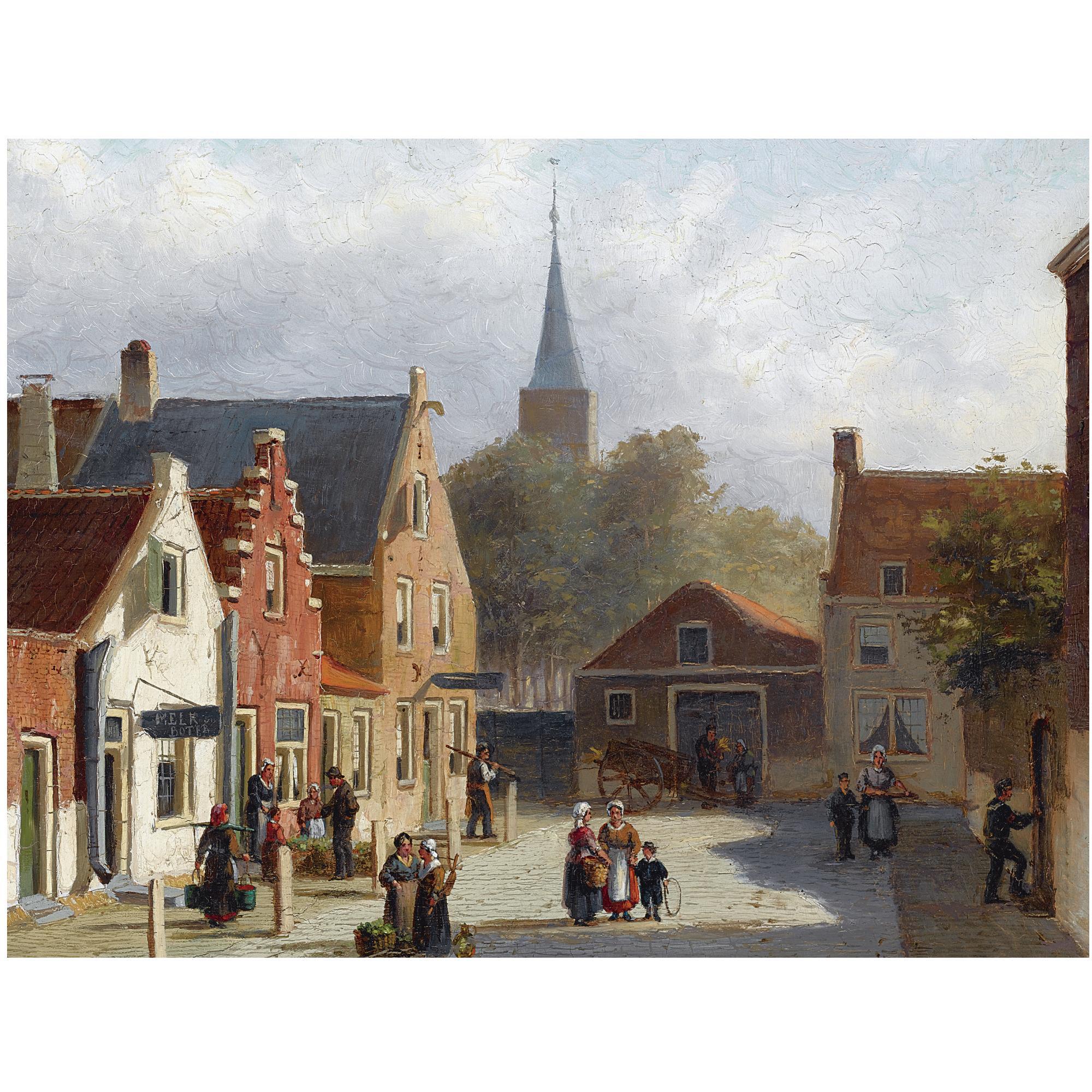 Johannes Frederik Hulk - Dutch Many Figures On The Sunlit Square Of A Dutch Town