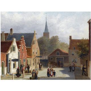 Johannes Frederik Hulk - Dutch Many Figures On The Sunlit Square Of A Dutch Town