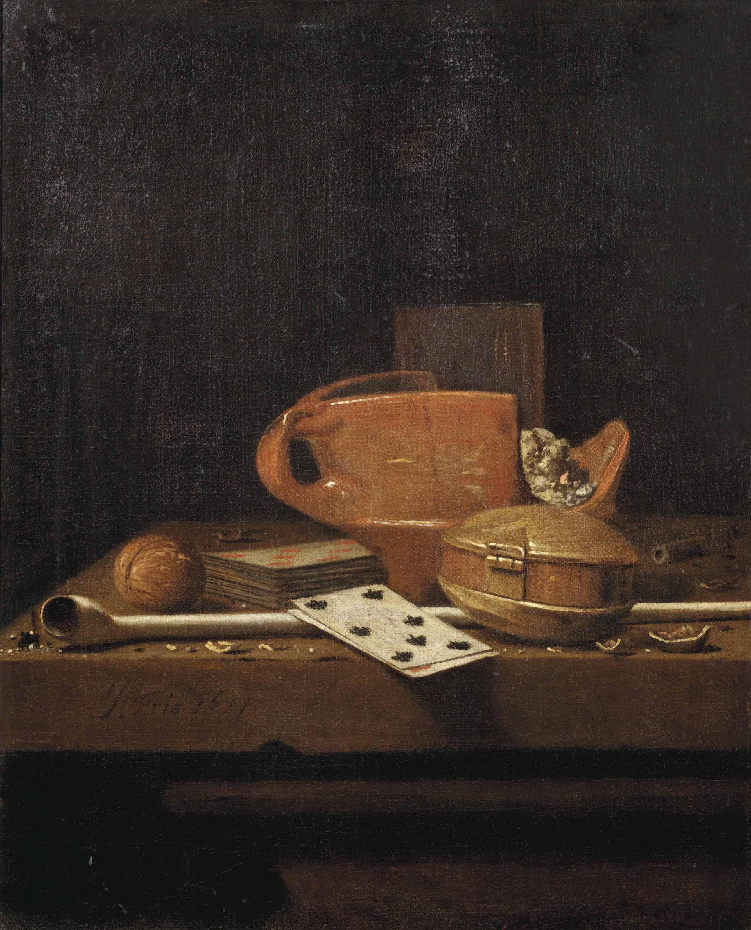 Johannes Fris - A \'Toebakje\', A Glass, Playing Cards, A Tobacco Box, A Walnut And A Pipe, All On A Stone Ledge