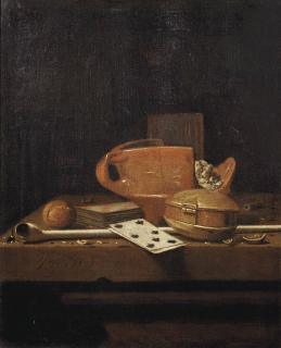 Johannes Fris - A \'Toebakje\', A Glass, Playing Cards, A Tobacco Box, A Walnut And A Pipe, All On A Stone Ledge