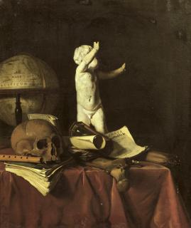 Johannes Fris - A \'vanitas\' with a sculpture of a putto, a globe, a skull, a bone, an hourglass, a flute and books on a draped table