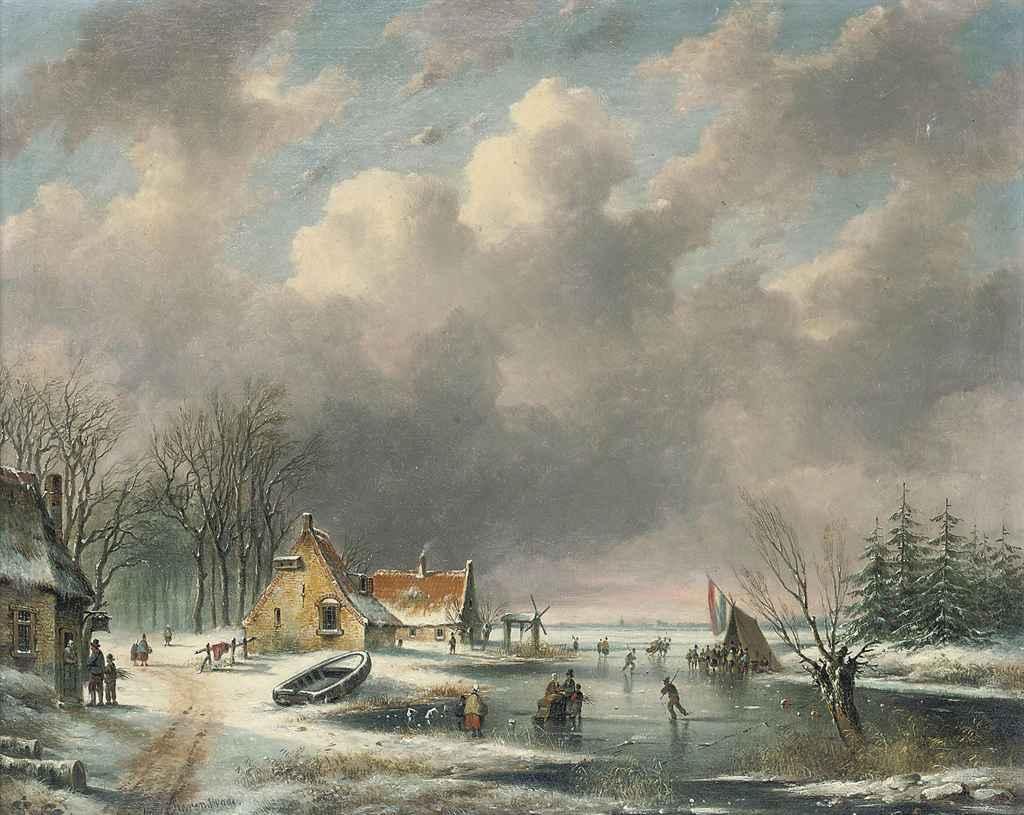 Johannes Gijsbertus van Ravenswaay - A frozen river landscape with figures