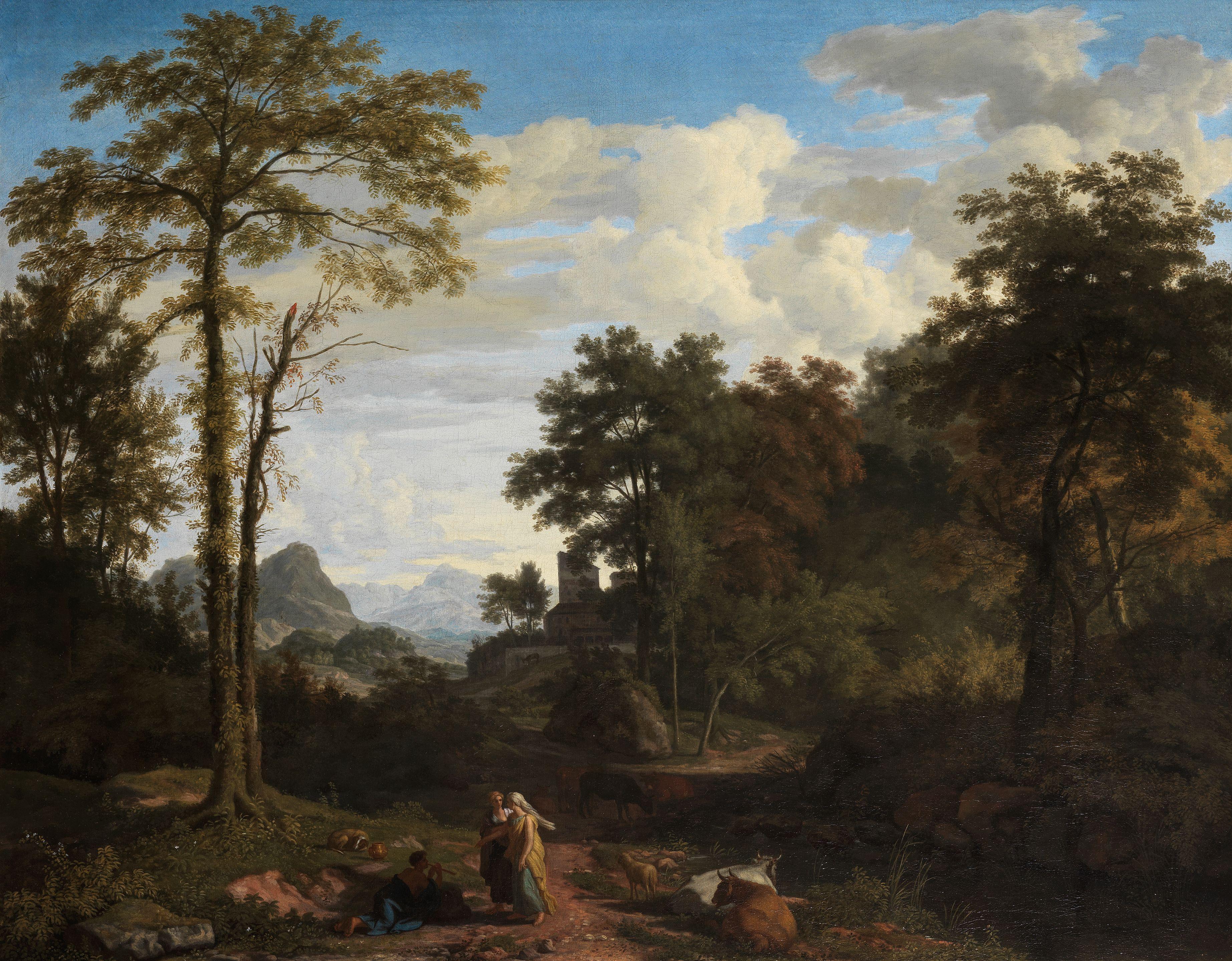 Johannes Glauber - A Landscape With Figures Before A Fortified Town