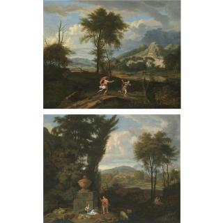 Johannes Glauber - A River Landscape With Apollo And Daphne; A Bosky River Landscape With A Couple And Their Sheep In The Foreground, Possibly Daphnis And Chloe
