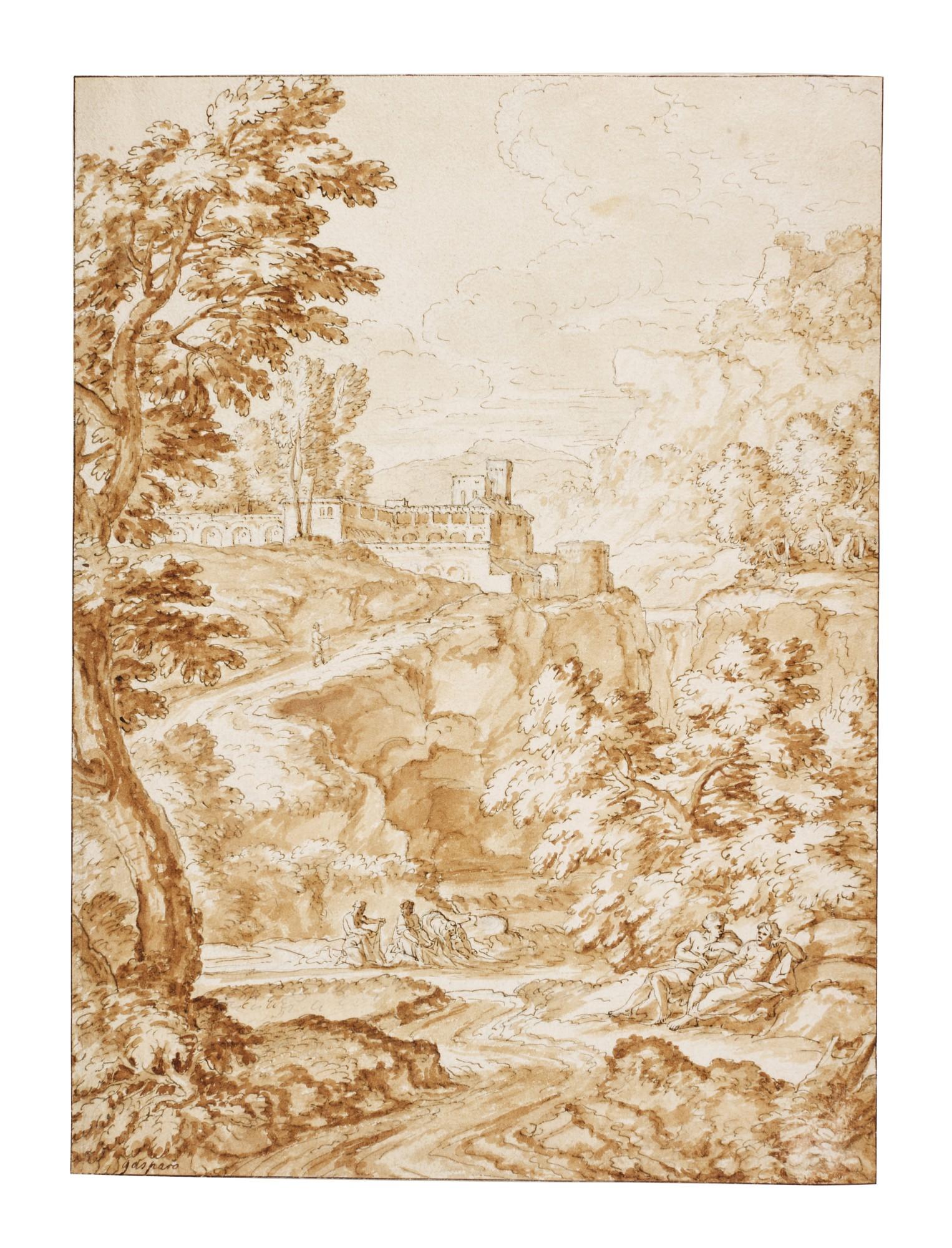 Johannes Glauber - A rugged Italianate landscape with a castle on a hill