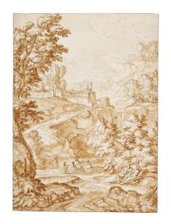 Johannes Glauber - A rugged Italianate landscape with a castle on a hill