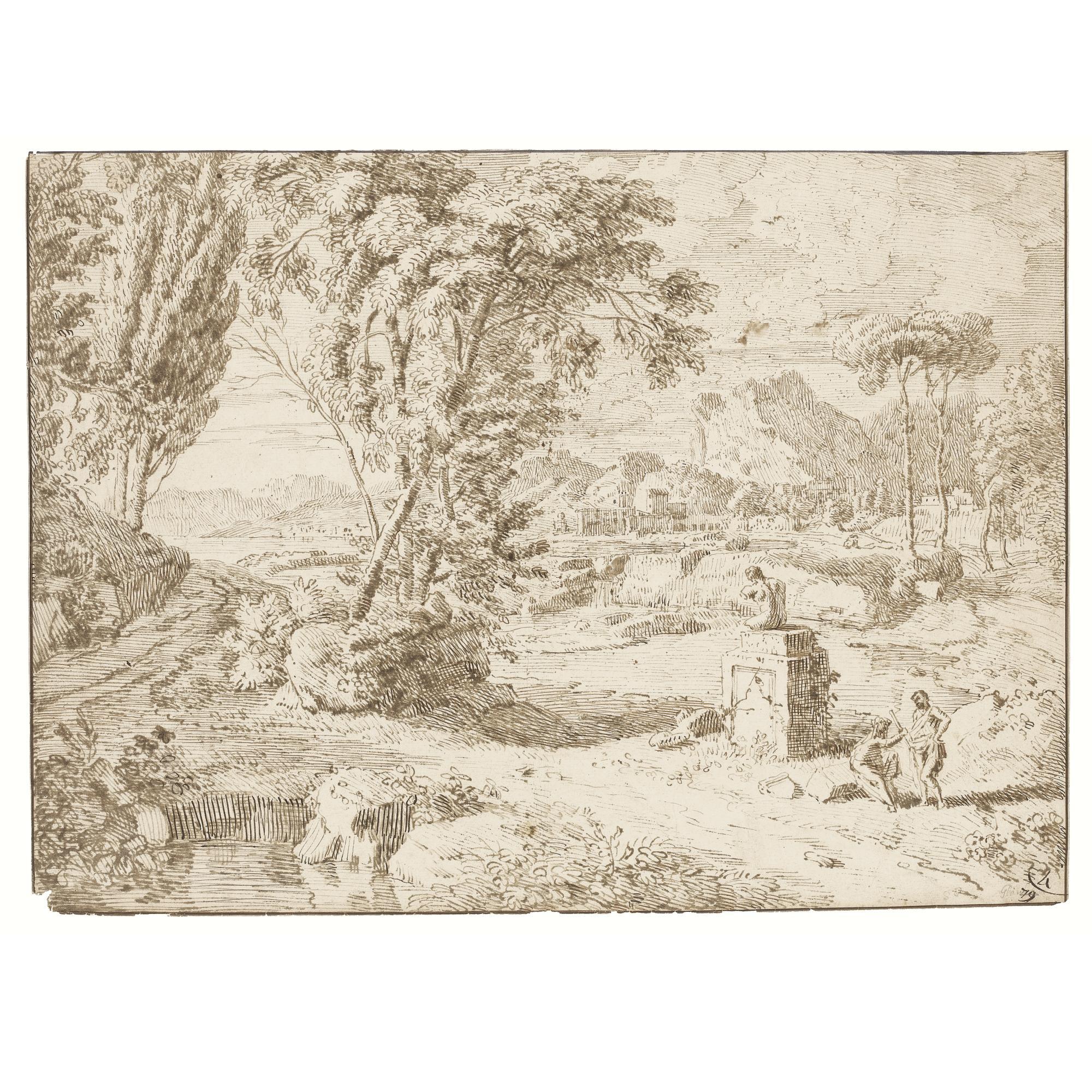 Johannes Glauber - Italianate Landscape With Two Figures Resting By A Ruined Statue