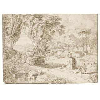 Johannes Glauber - Italianate Landscape With Two Figures Resting By A Ruined Statue