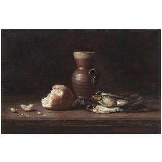 Johannes Hendrick Eversen - Dutch A Still Life With A Pitcher, Bread And Fish
