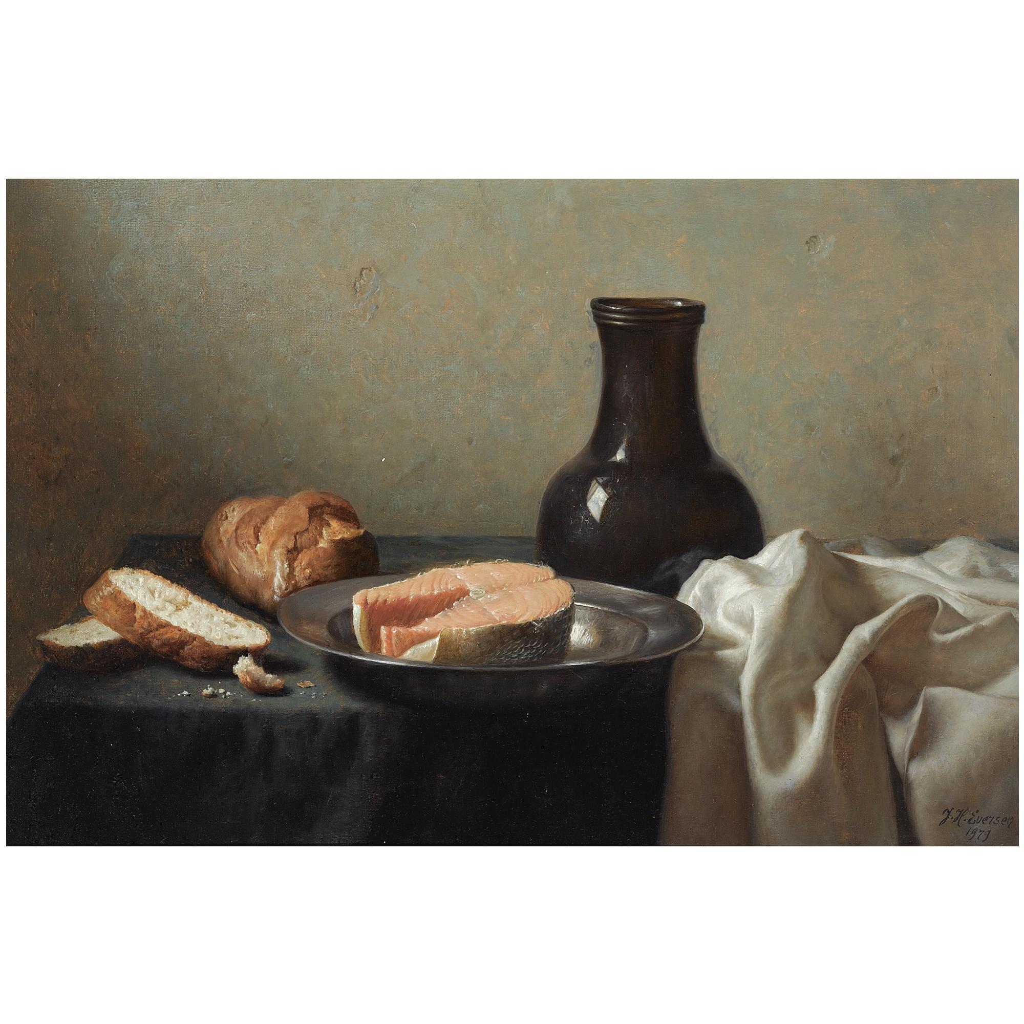 Johannes Hendrick Eversen - Dutch A Still Life With Salmon And Bread
