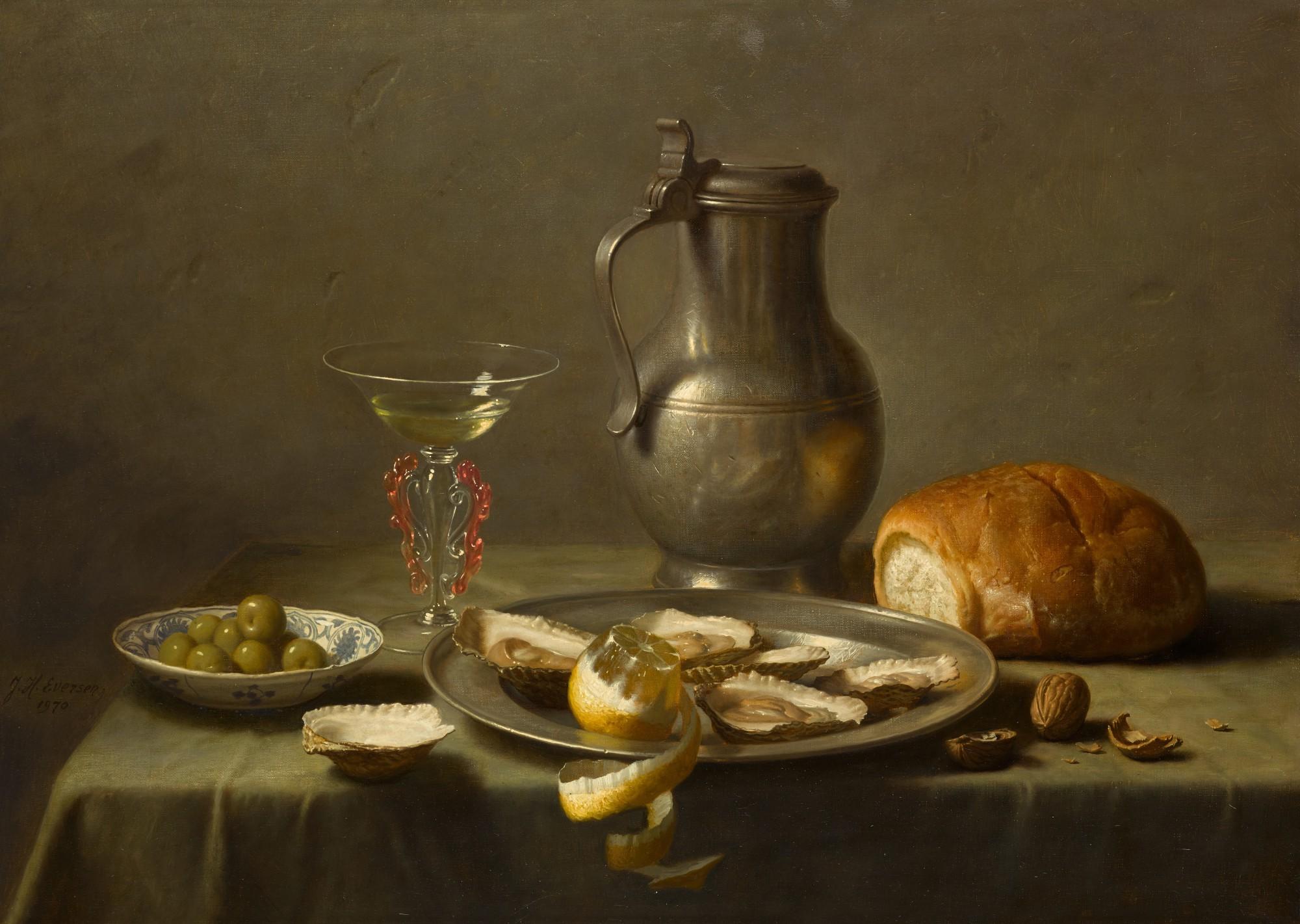 Johannes Hendrik Eversen - Still life with pewterware, a glass, oysters, bread, walnuts, olives and a peeled lemon