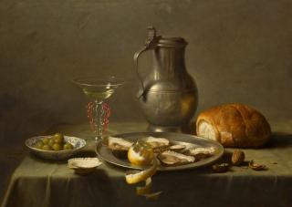 Johannes Hendrik Eversen - Still life with pewterware, a glass, oysters, bread, walnuts, olives and a peeled lemon