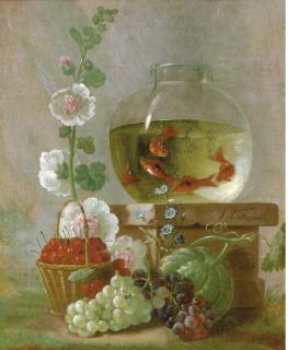 Johannes Hendrik Fredriks - Goldfish In A Bowl On A Ledge Beside Cherries And Other Fruit And Flowers