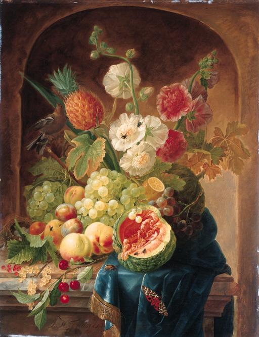Johannes Hendrik Fredriks - Melons, grapes, a lemon, peaches, plums, cherries, white currants, gooseberries, a bird\'s nest, a pineapple and hollyhocks on a draped marble ledge by a niche with a butterfy, a beetle, flies, a bumble bee and a songbird nearby