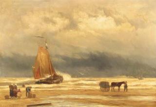 Johannes Hermanus Barend Koekkoek - A coastal scene with a shell fisher, fishmongers and a bomschuit in the surf