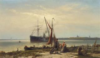 Johannes Hermanus Barend Koekkoek - A steamship anchored in a river