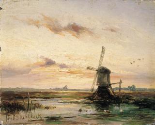 Johannes Hermanus Barend Koekkoek - A windmill in a polder landscape at sunset