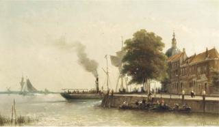 Johannes Hermanus Barend Koekkoek - Aan de kade: a steamship passing the Groot Hoofd, Dordrecht