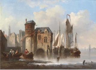 Johannes Hermanus Barend Koekkoek - Barges moored off a merchant\'s house in the Low Countries