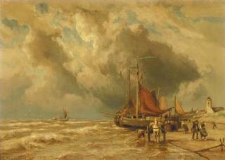 Johannes Hermanus Barend Koekkoek - Beached bomschuiten on the coast of Katwijk aan Zee