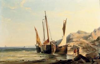 Johannes Hermanus Barend Koekkoek - Boats moored by a rocky beach