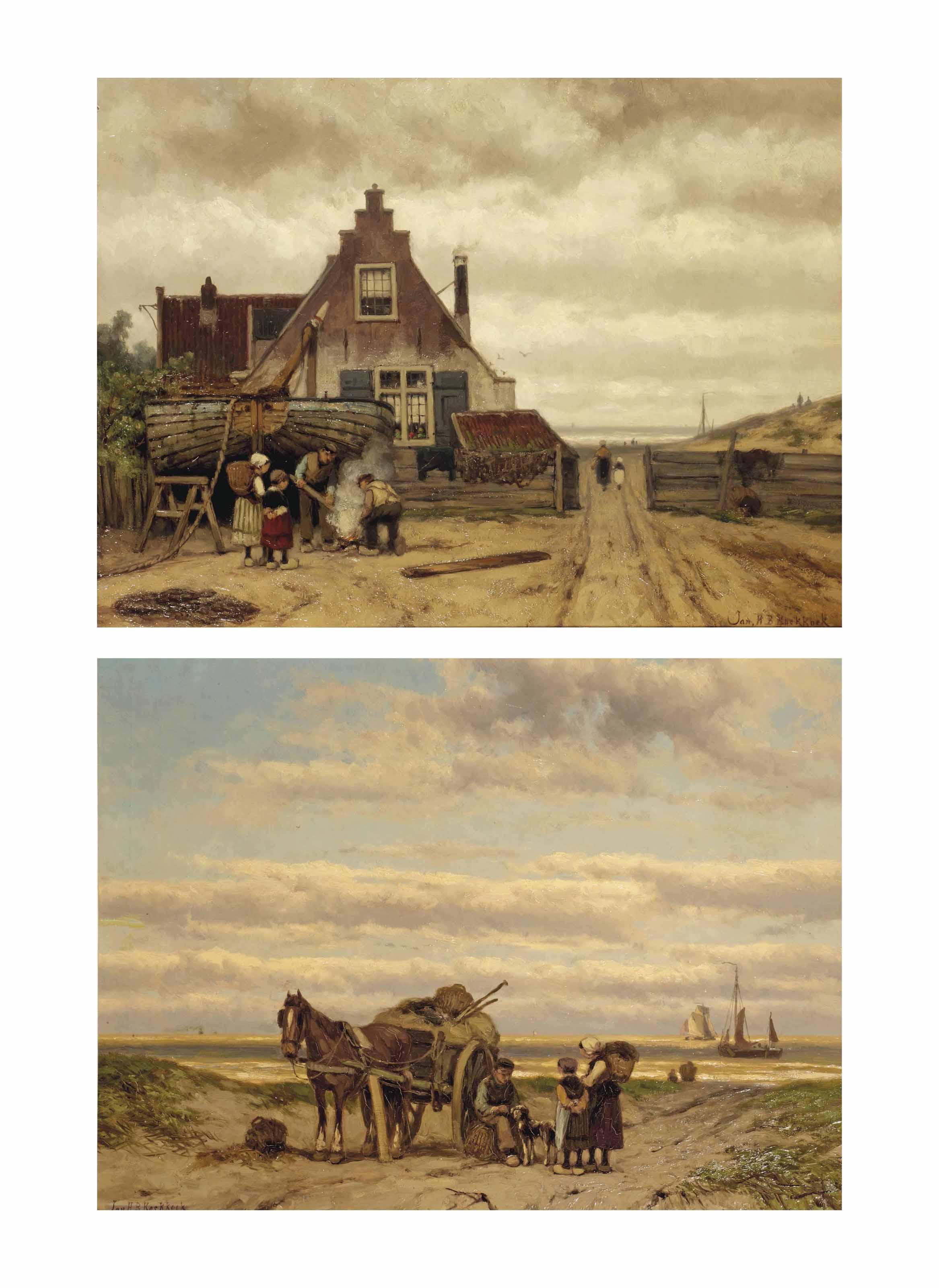 Johannes Hermanus Barend Koekkoek - Children Watching A Shellfisher In The Dunes; And Children Watching Two Fishermen At Work By A House
