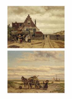 Johannes Hermanus Barend Koekkoek - Children Watching A Shellfisher In The Dunes; And Children Watching Two Fishermen At Work By A House