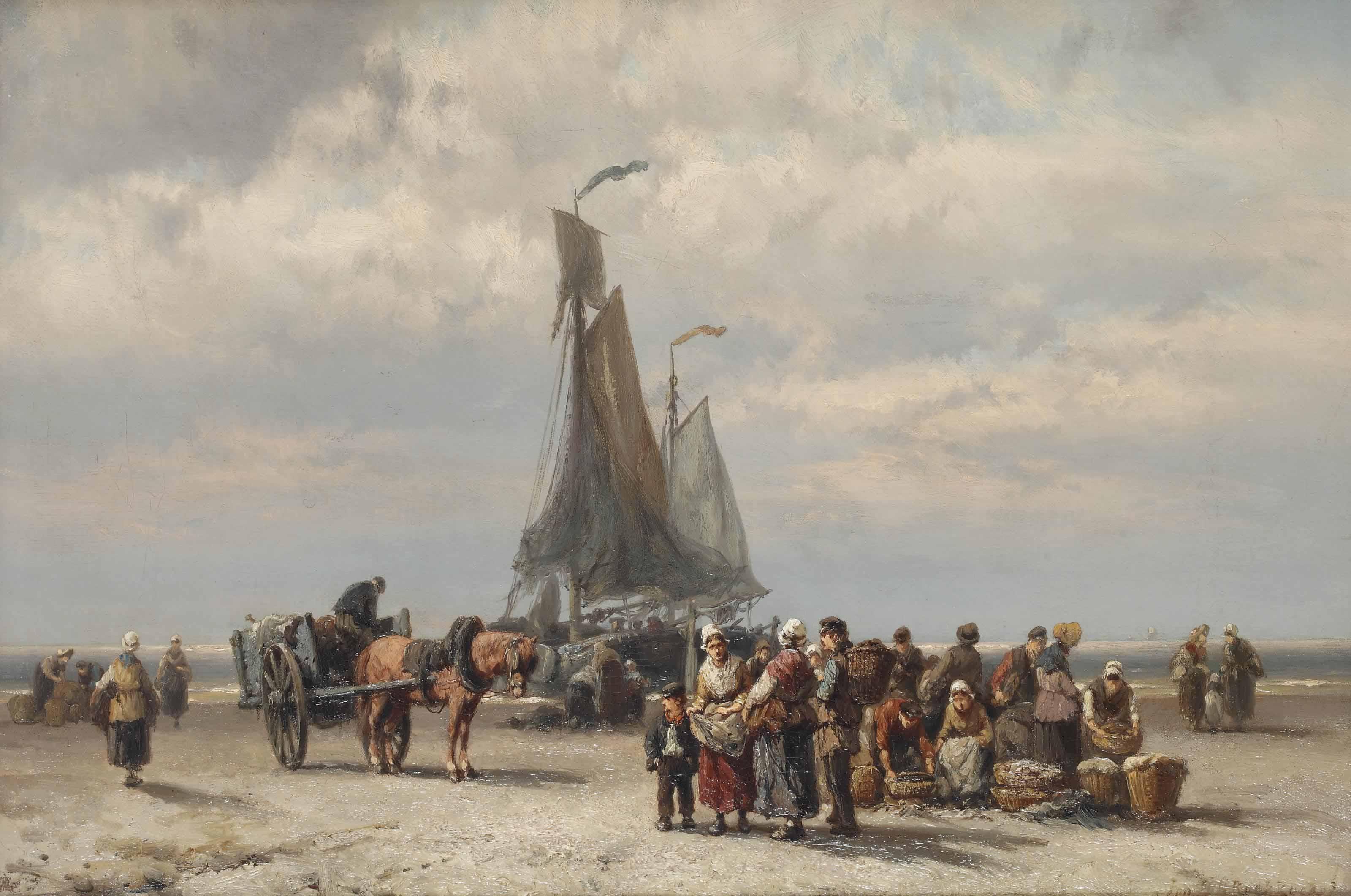 Johannes Hermanus Barend Koekkoek - Collecting the catch at low tide